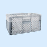 Sac filtrant non-tissé pour déshydratation, inséré dans un panier plastique avec bord périphérique en non-tissé filtrant blanc Sac filtrant non-tissé pour déshydratation, inséré dans un panier plastique avec bord périphérique en non-tissé filtrant blanc