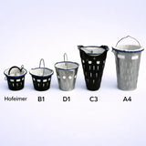 Größenvergleich Filtereimer Set Hofeimer, B2, D1, C3 und A4 mit Filtereinsatz für industrielle Wasserfiltration